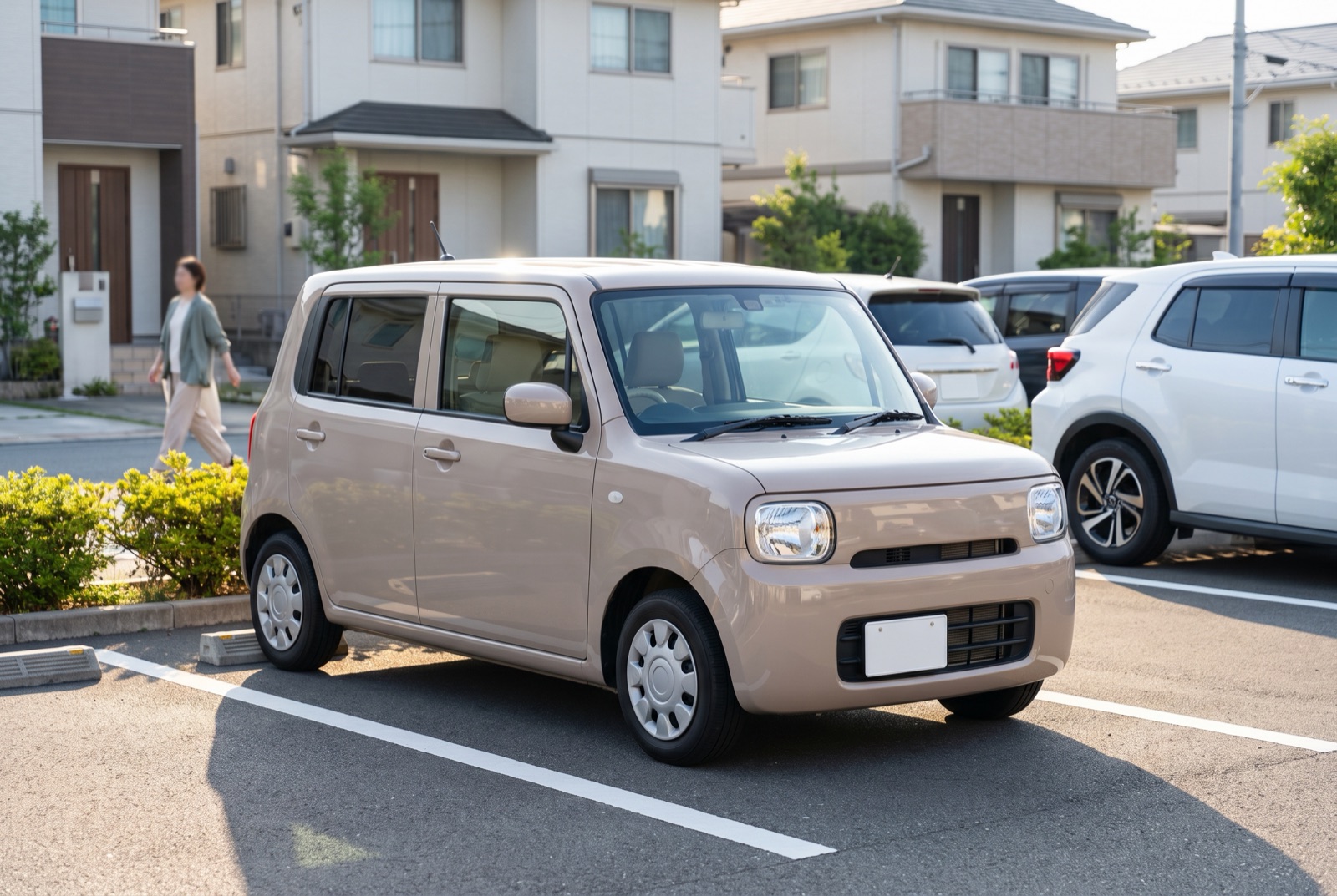 住宅街の月極駐車場に停まる現代的な軽自動車