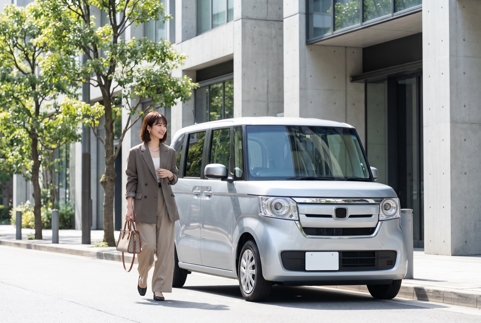 都市の路上に停めた現代的な軽自動車と歩み寄る若い女性