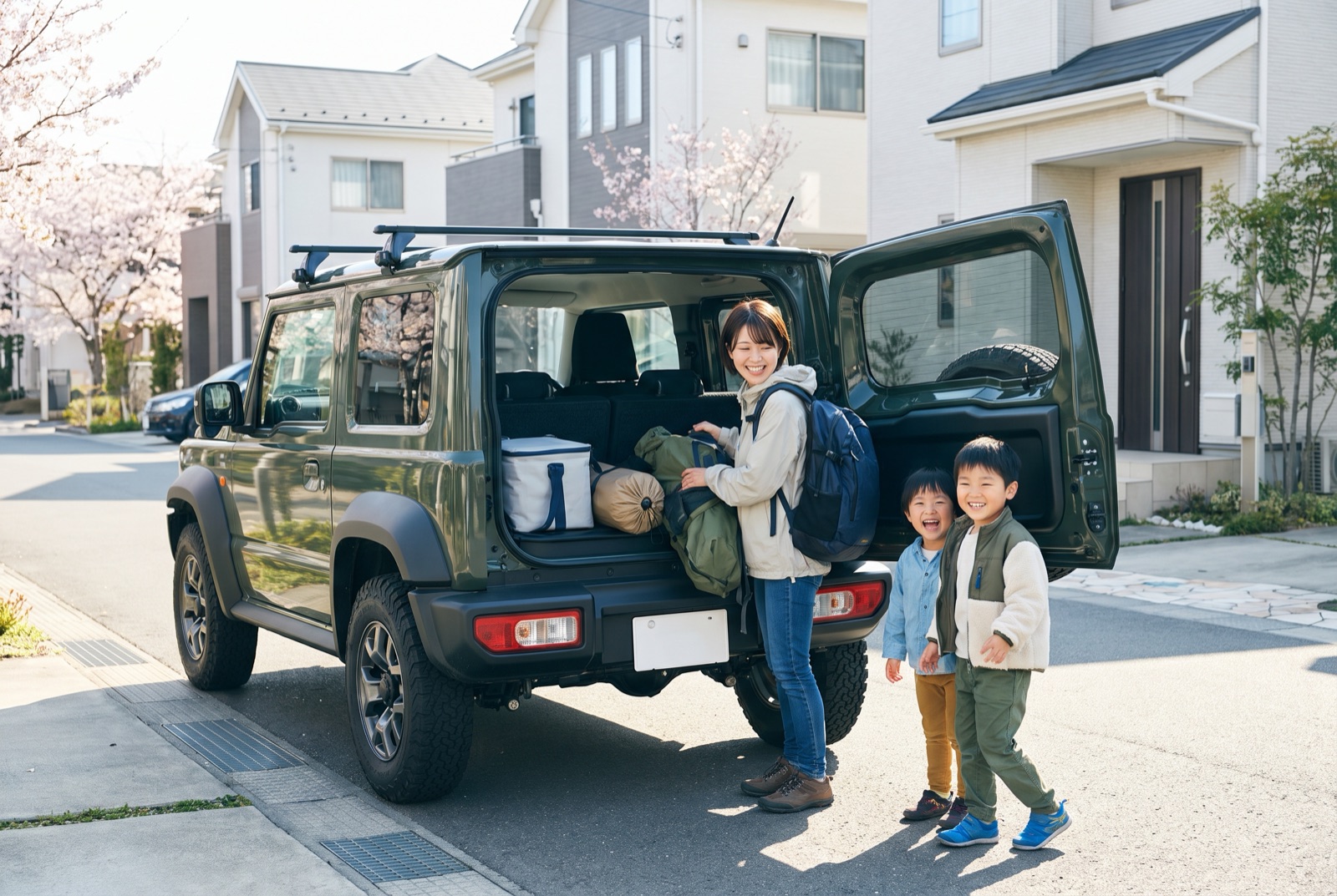 現代的なSUVの荷室にキャンプ道具を積み込む家族