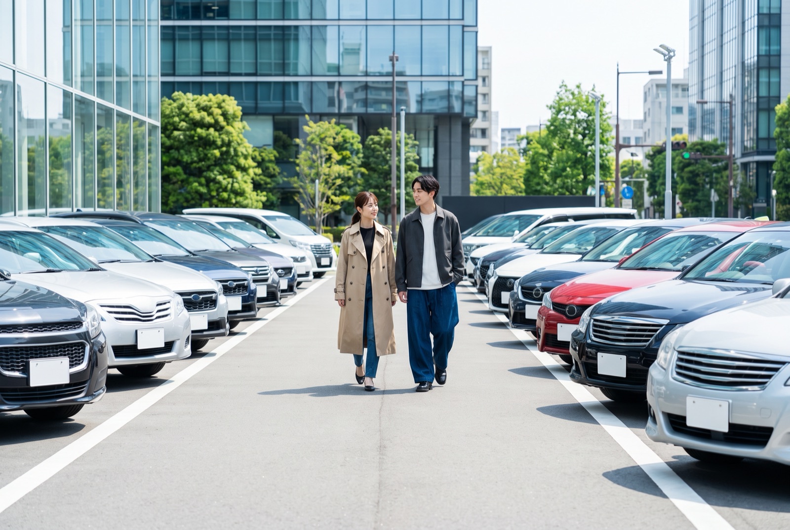 中古車販売店の展示場に並ぶ車を見て回る若い夫婦