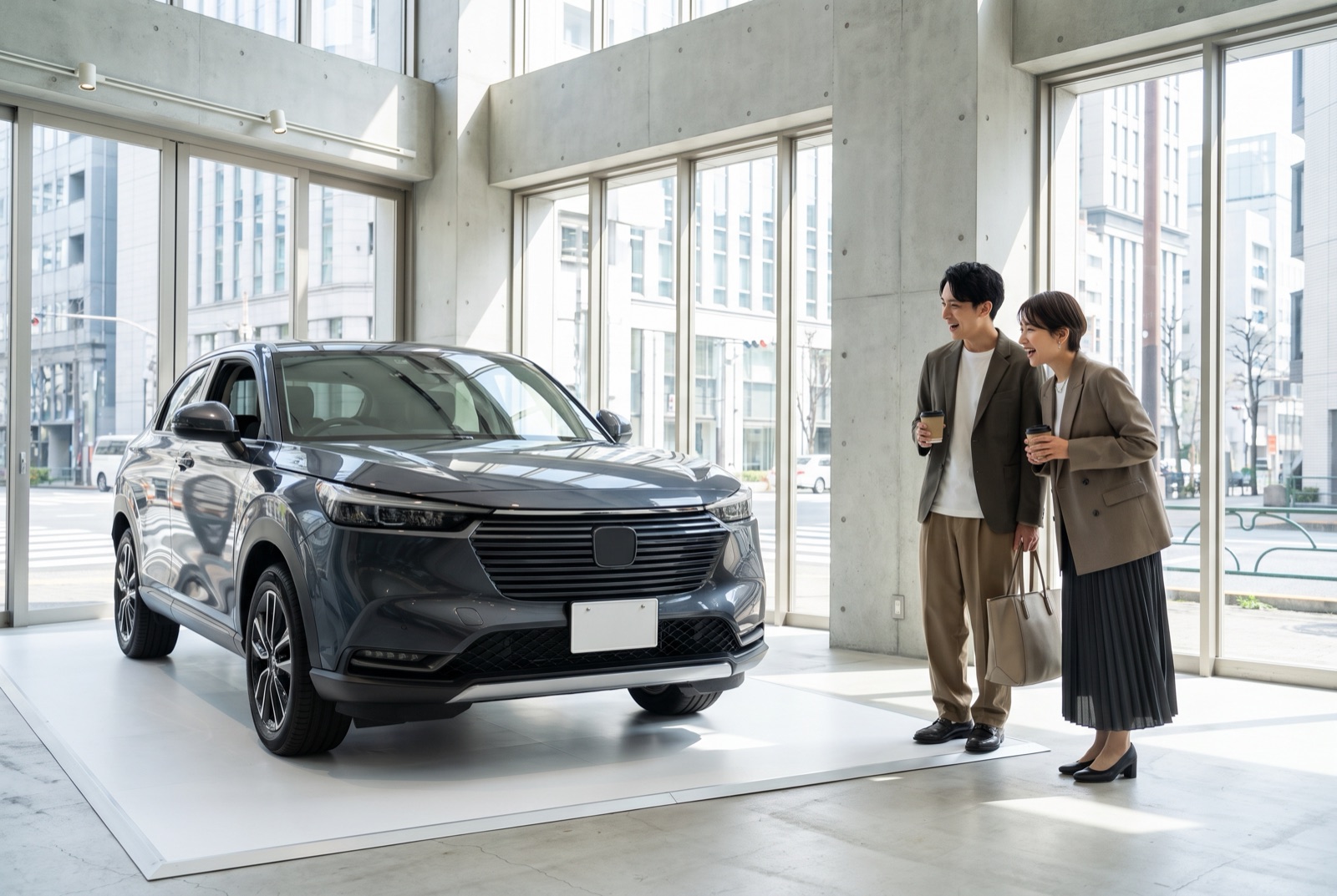 明るいショールームで新型車を見る若い夫婦
