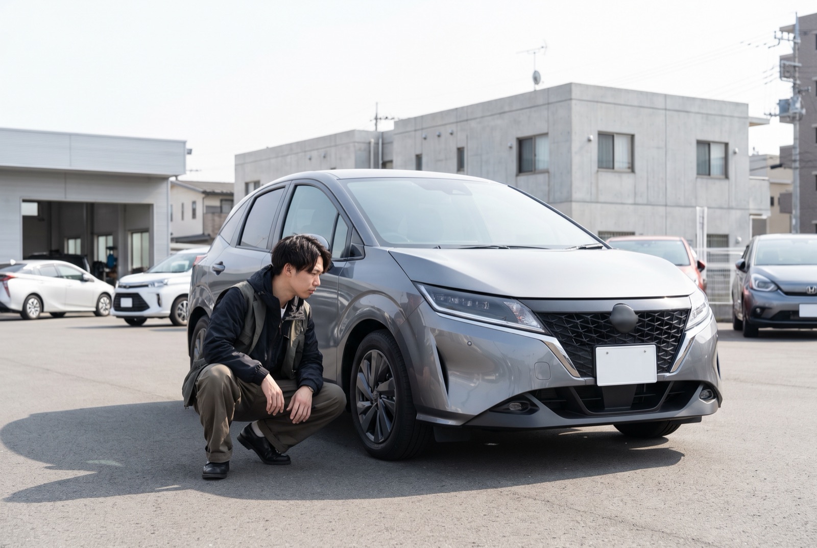 中古車の外装をかがんで確認する男性