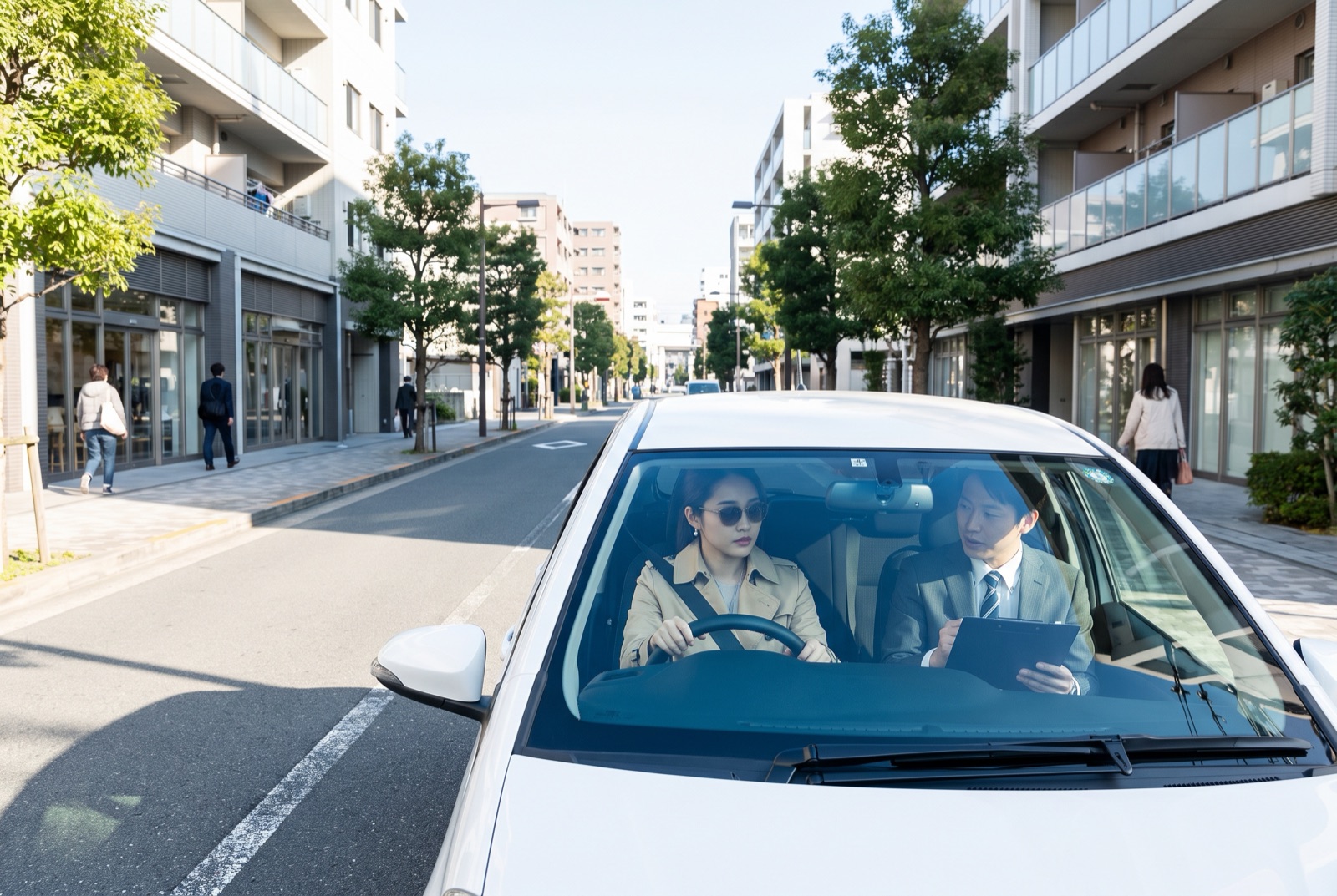 販売店スタッフを助手席に乗せて中古車を試乗する女性