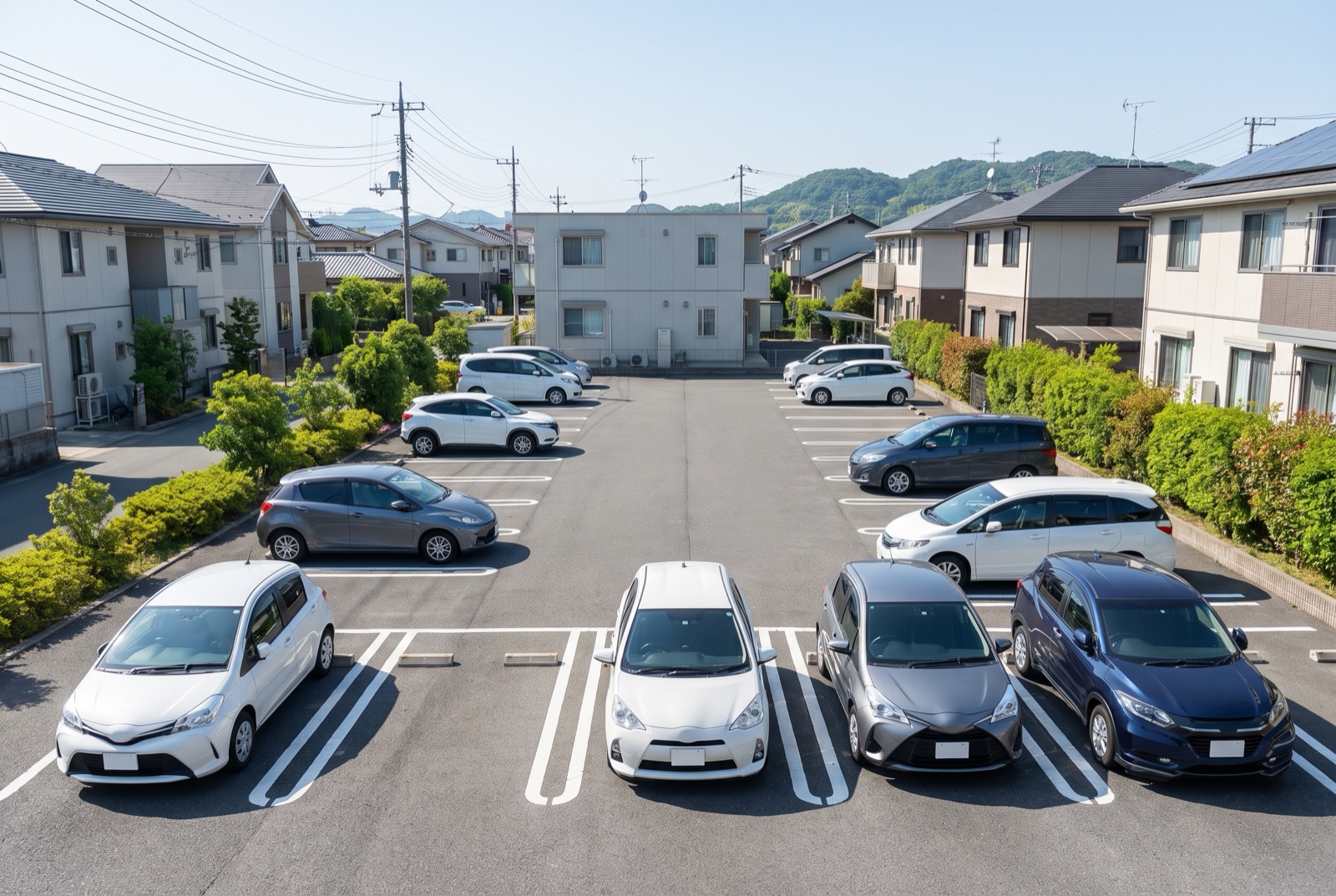 現代的な車が並ぶ月極駐車場