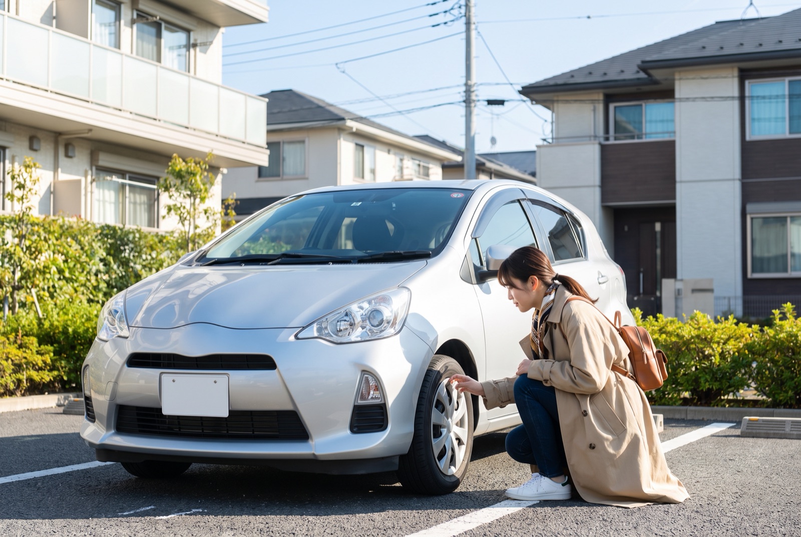 自宅駐車場でタイヤの状態を確認する女性