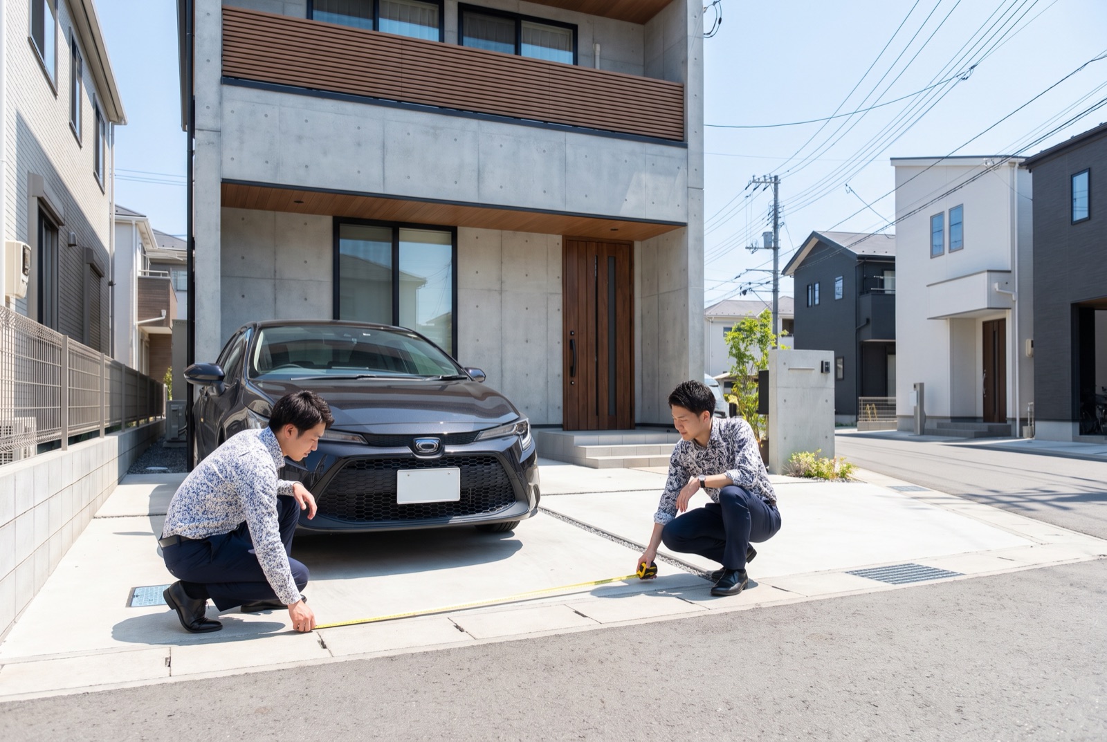 自宅駐車場の幅をメジャーで測る男性