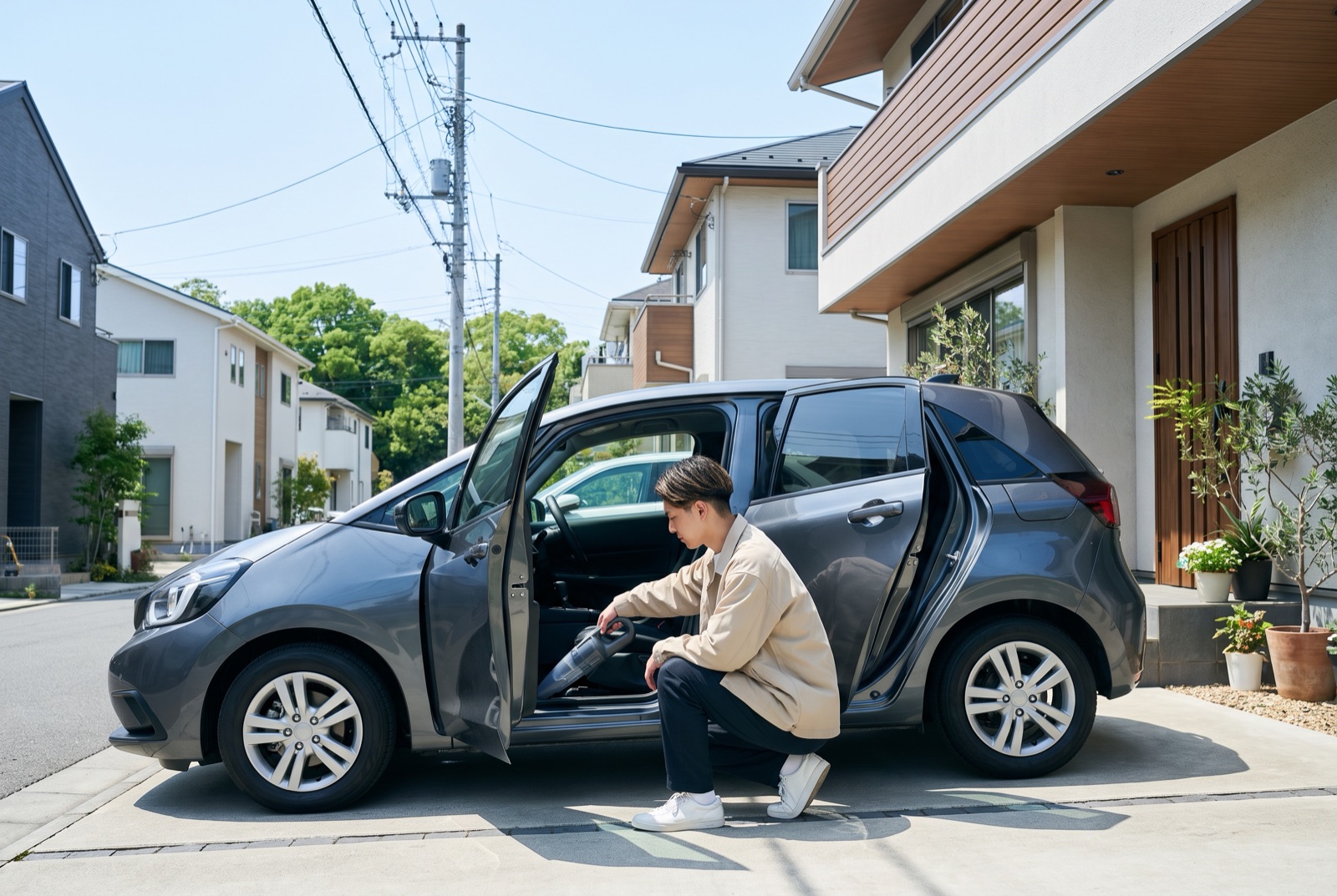 査定前に車内を掃除する男性