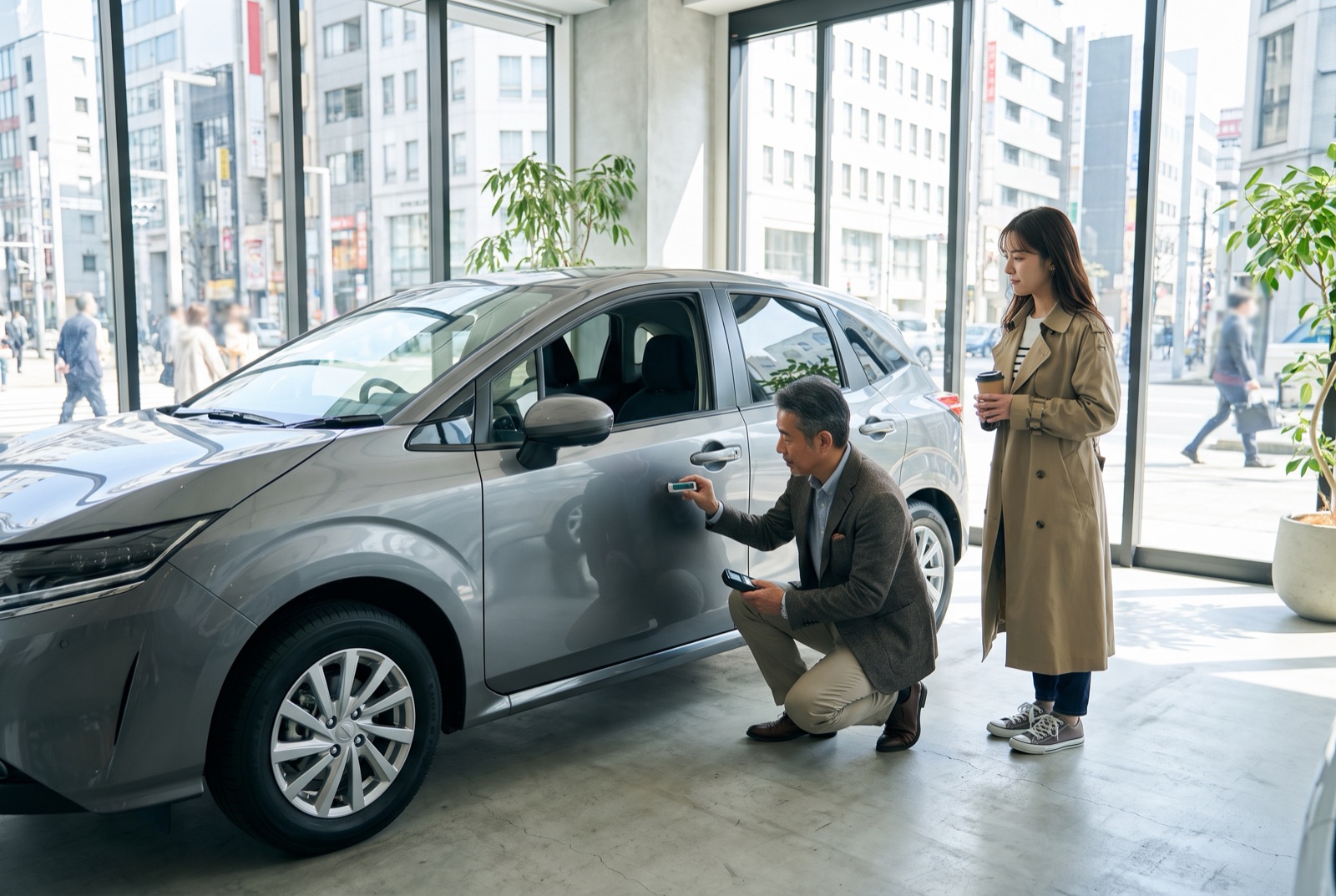 買取店で車の外装を確認する査定士