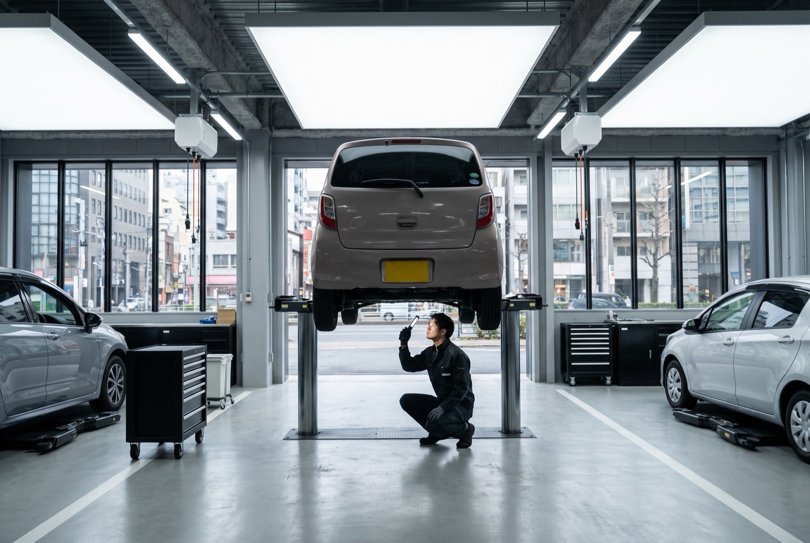車検整備でリフトアップされた車を点検する整備士