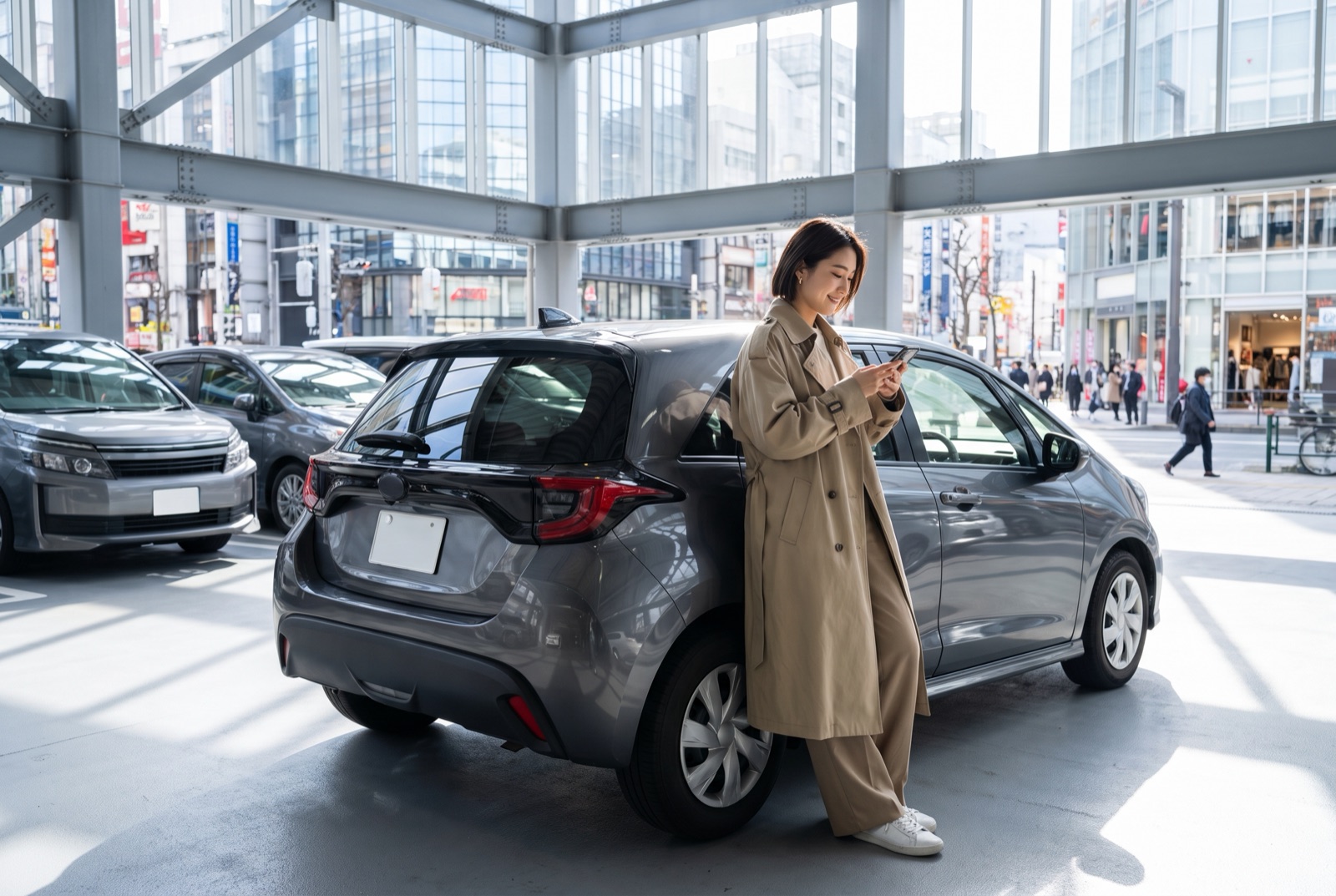 自分の車の横でスマートフォンを見る20代の女性