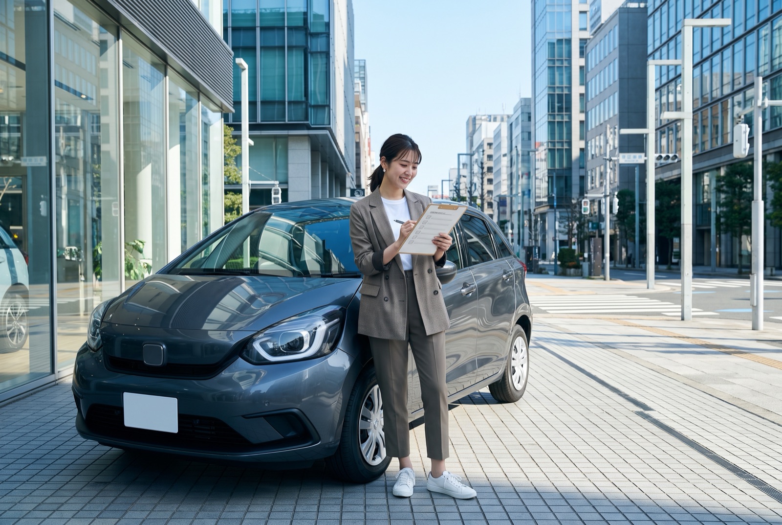 納車時に受け取り書類のチェックリストを確認する女性