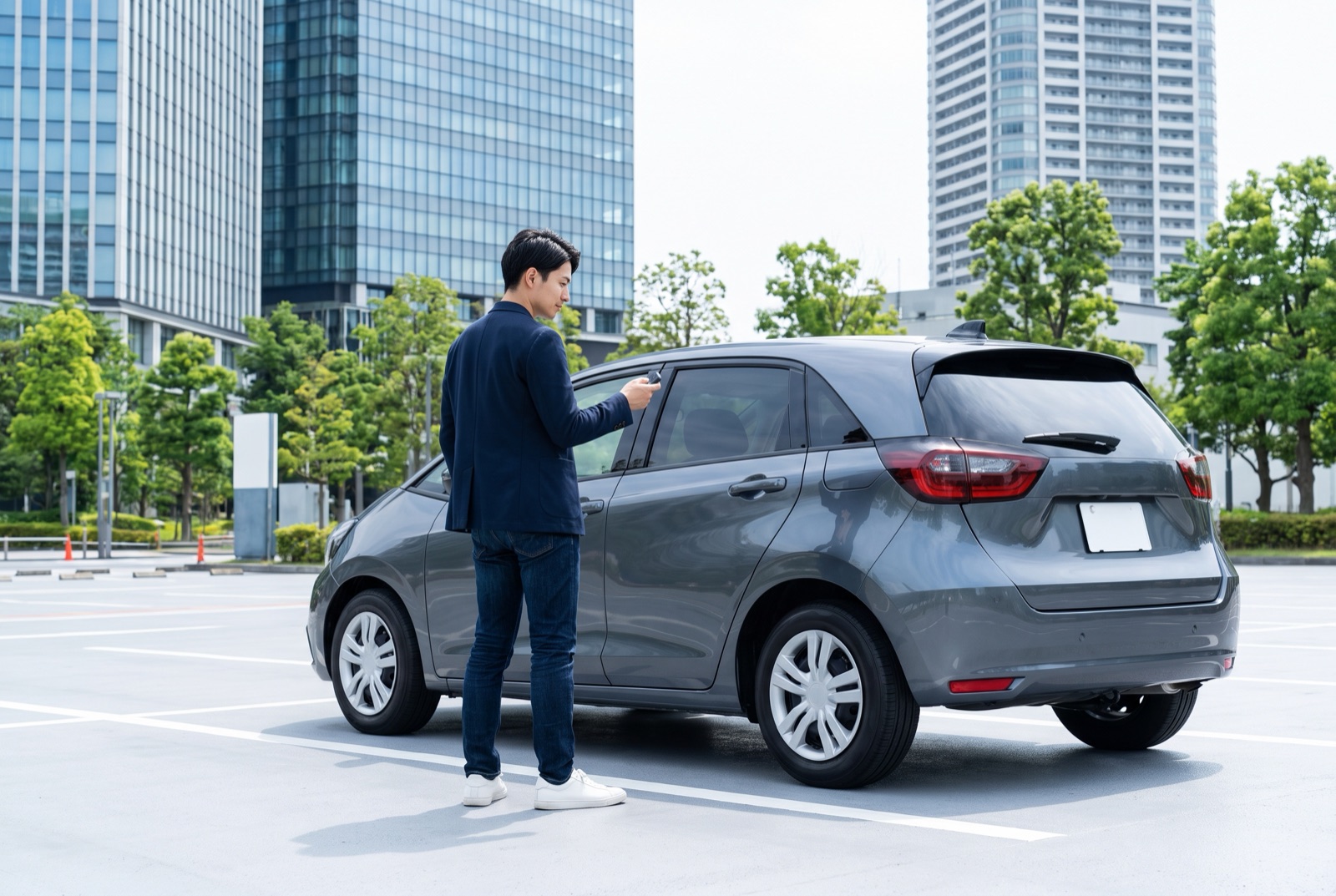 都会の駐車場で自分の車を見つめる若い男性