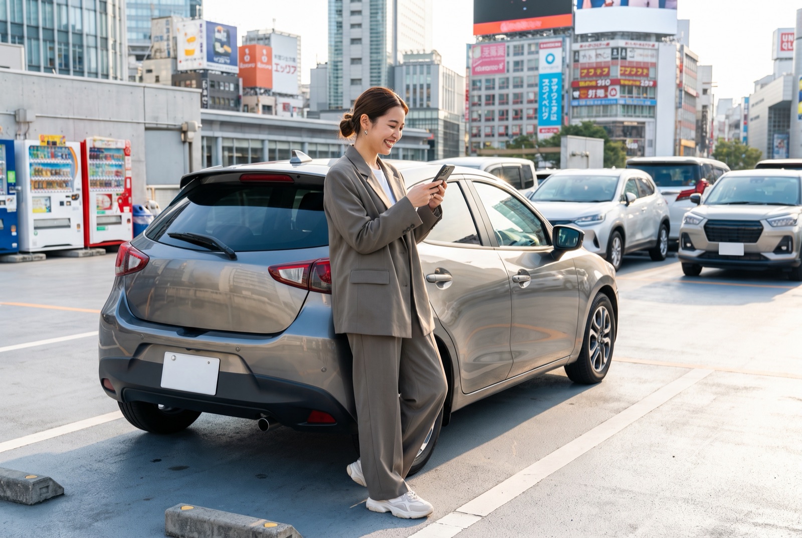 駐車場でスマートフォンを見ながら車を確認する女性