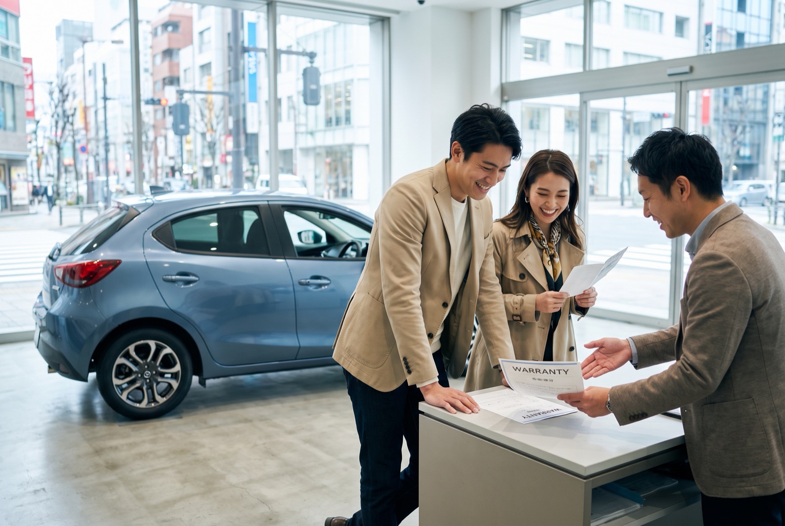 中古車販売店で保証書を受け取り契約内容を確認する若い男女とスタッフ