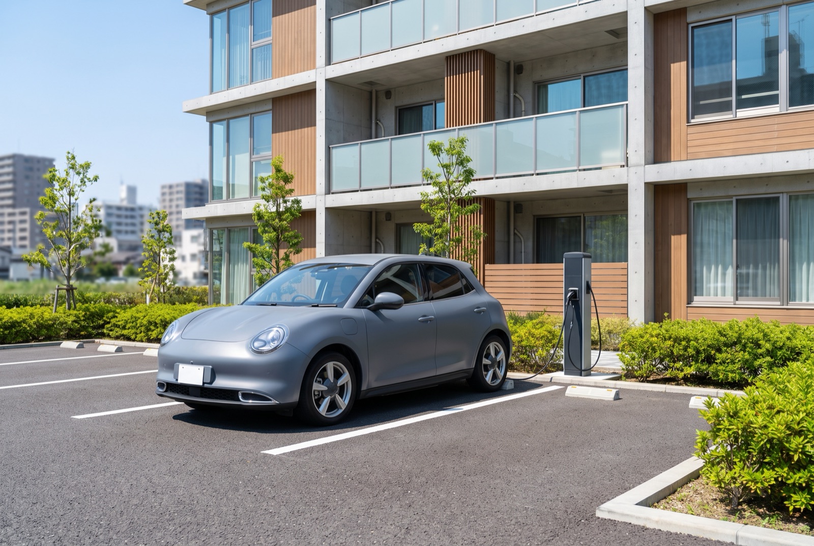 マンションの駐車場に設置された普通充電スタンドとEV
