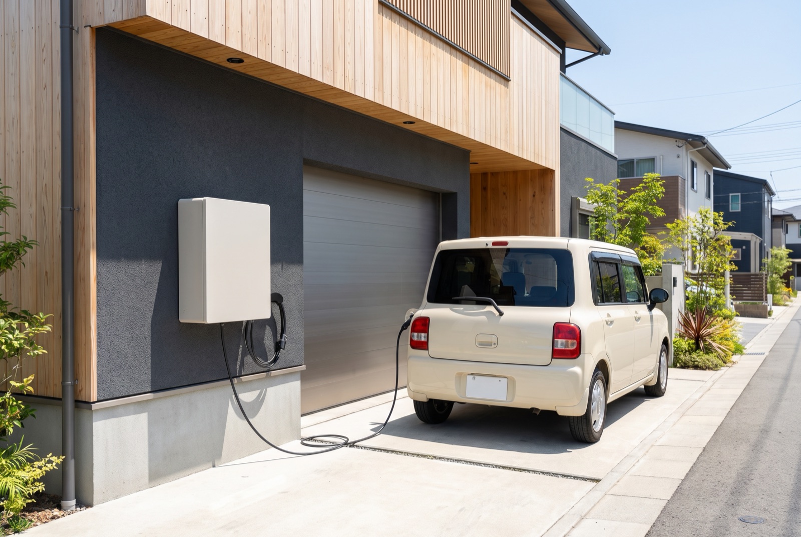 戸建ての外壁に設置されたV2H機器とEVをつなぐケーブル