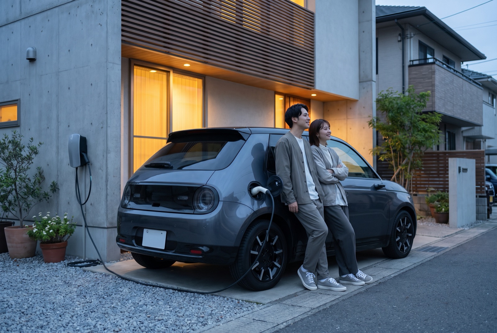 夕暮れ時、戸建ての駐車場で充電ケーブルをつないだ電気自動車の横に立つ男女