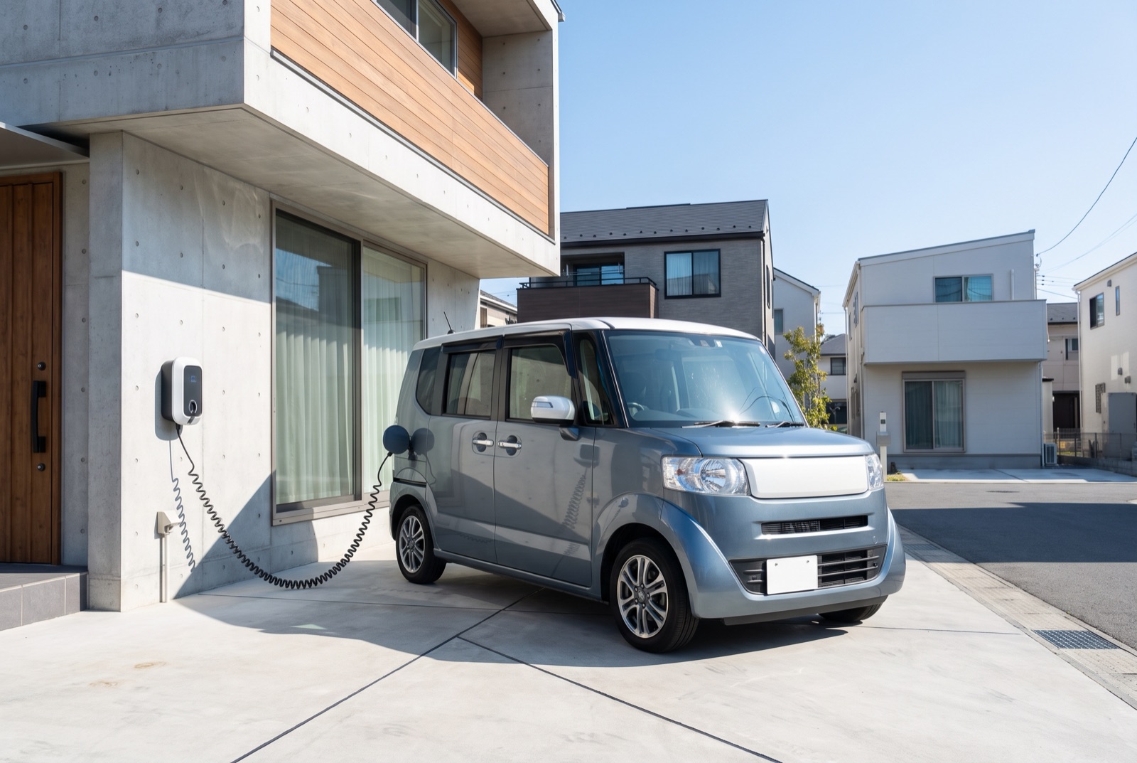 住宅の駐車スペースで軽自動車規格のEVを自宅の壁掛け充電器で充電している様子