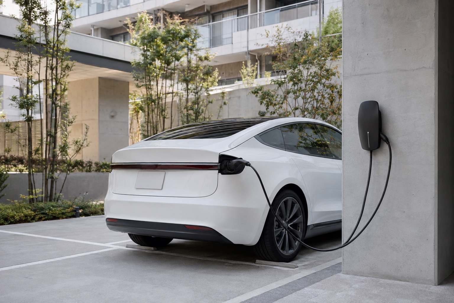 住宅の駐車スペースで電気自動車を充電する様子（AI生成イメージ）