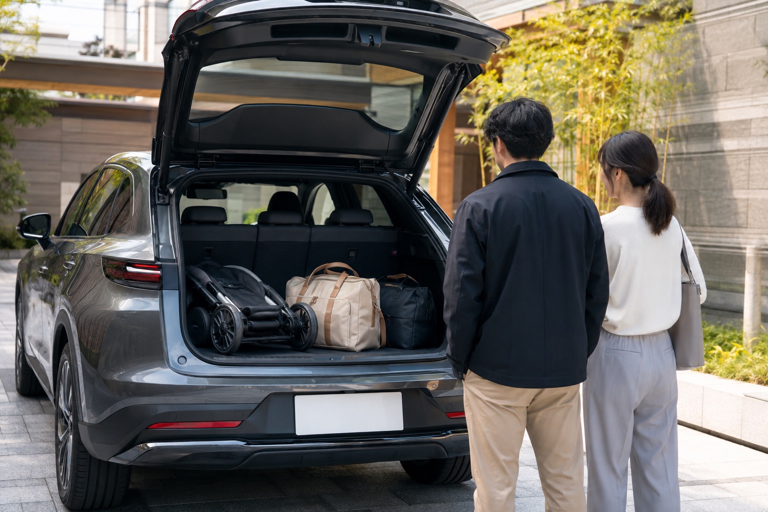 後席を起こしたSUVの荷室でベビーカーと旅行バッグの収まりを確かめる二人（AI生成イメージ）