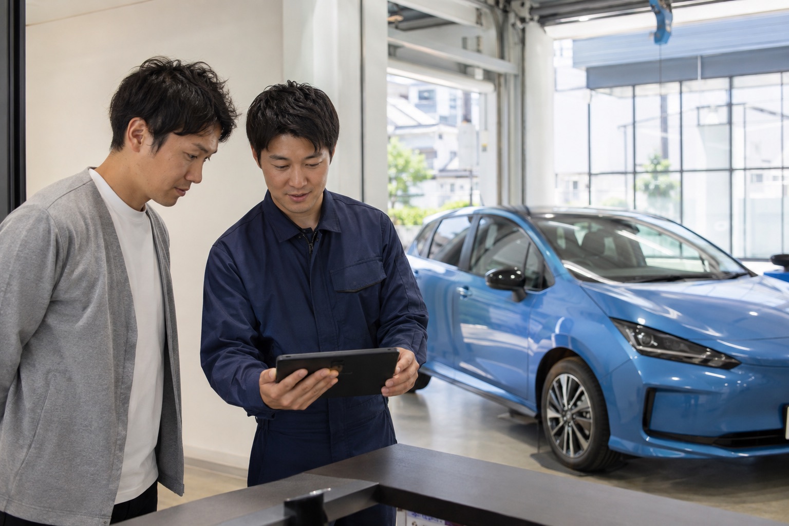 中古EVの点検結果を担当者と確認する購入検討者（AI生成イメージ）