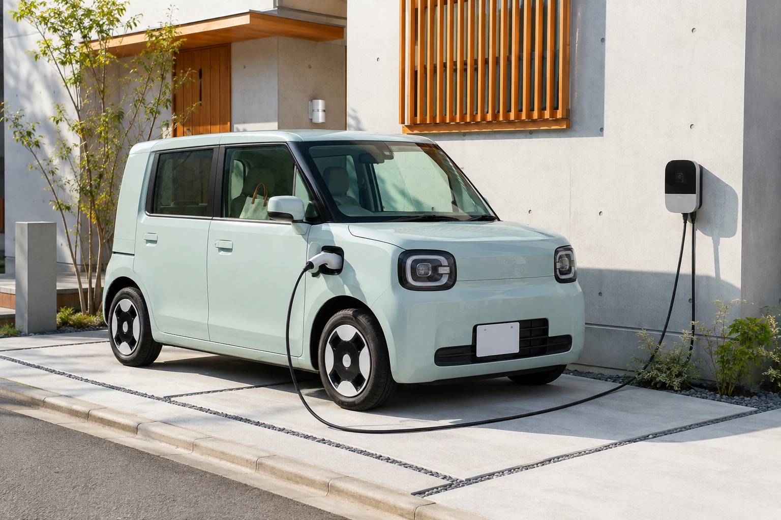 自宅の駐車場で充電する小型電気自動車（AI生成イメージ）