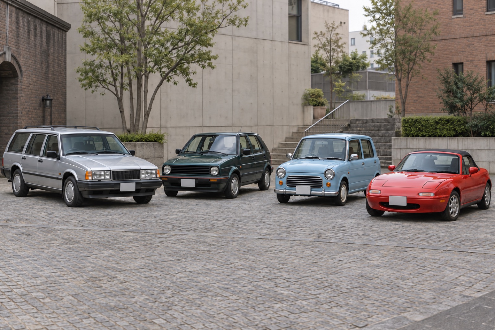 四角いワゴン、小型ハッチバック、コンパクトカー、ロードスターを並べた比較イメージ