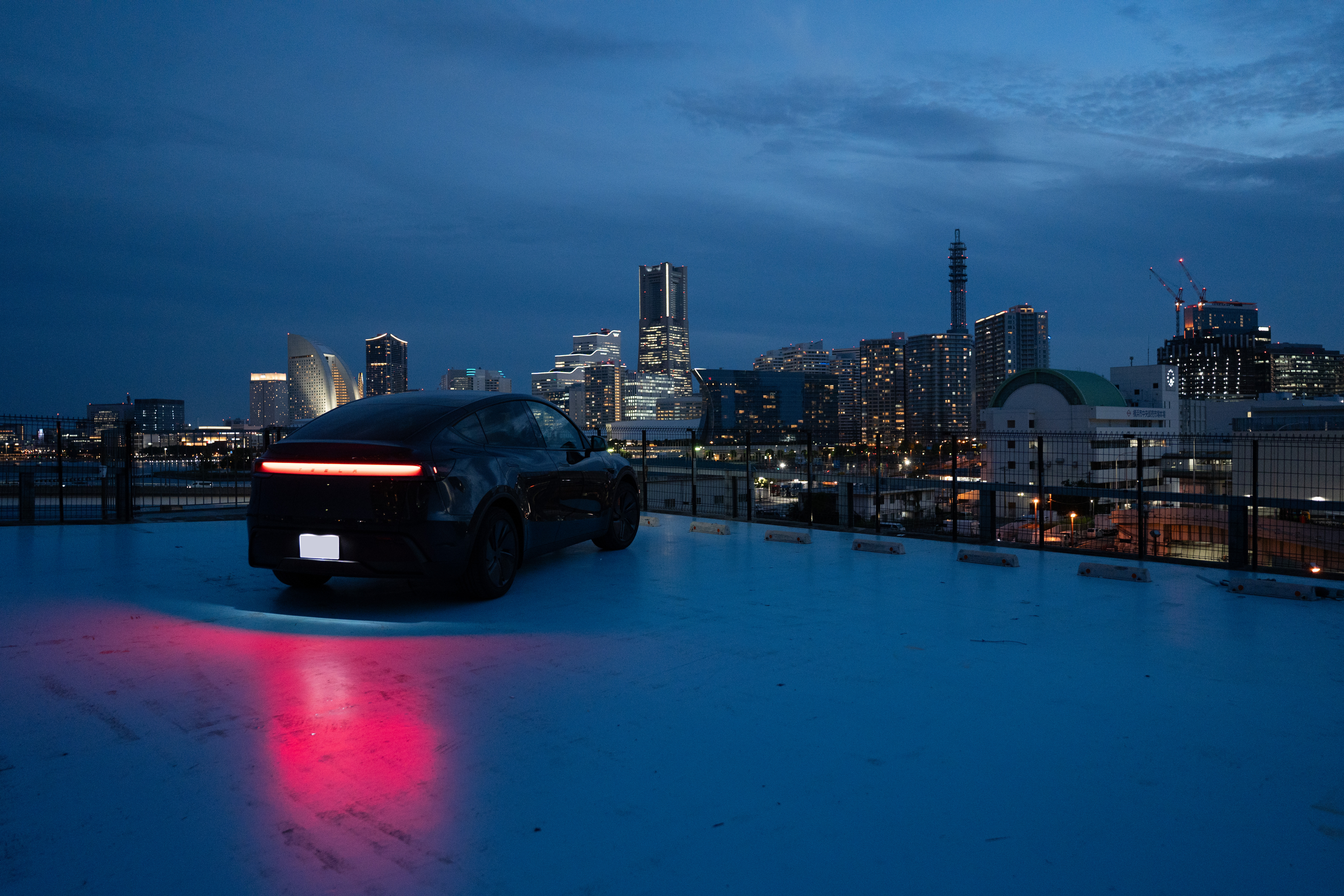 夜景を背にテールランプを光らせるモデルY